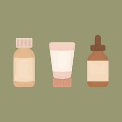 Composition with natural organic cosmetic products in bottles,tubes and jars for skin care. Skincare routine set. Flat cartoon vector illustration. 