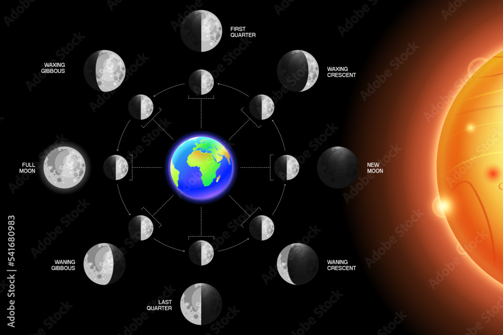 Wall mural moon phases scheme sphere shadow cycle astronomy icon set. vector illustration background