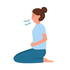 Woman practicing breathing exercise in flat design on white background.