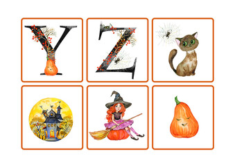 Halloween alphabet cards for kids education. - 541681144