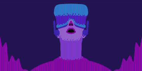 Man wearing virtual reality glasses looks up. Colorful style with neon columns like sound wave. Man is excited, surprised, infatuated with metaverse.