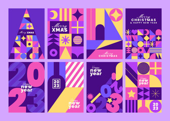 Merry Christmas & Happy new year card set. Covers, invitations, greeting cards or posters design. Winter holidays. Decorative cards. Vector illustrations in modern abstract style for celebrations.