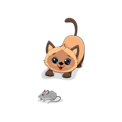 Cute cartoon siamese cat looking at mouse isolated on a white background.