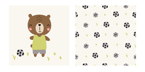 Vector illustration with cute bear and soccer ball seamless background for your design.