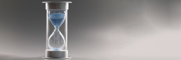Measure passing time, countdown, blue sand running through bulbs of hourglass