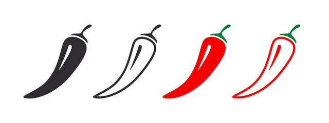 Hot natural chili pepper symbols. Set of red spicy chili peppers. Spicy and hot. Vector illustration - obrazy, fototapety, plakaty