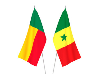 National fabric flags of Benin and Republic of Senegal isolated on white background. 3d rendering illustration.