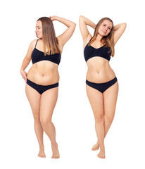 Young woman before and after weight loss. Health care concept.