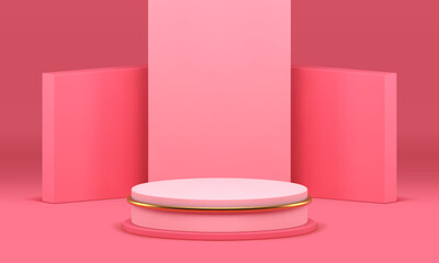Pink podium cylinder arena with golden design geometric wall 3d stage realistic vector illustration