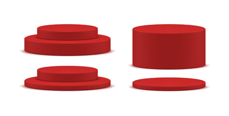 Red cylinder level pedestal award 3d stage stairs showcase decor element set realistic vector