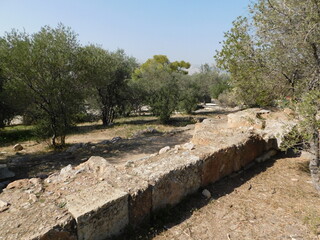 Ruins of the ancient, defensive, cross wall or diateihisma, protecting Athens, on Philopappou hill