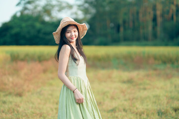 girl walking on rice fields