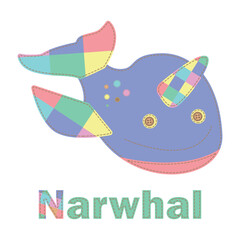 Patchwork vector drawing with a narwhal. Cute vector cartoon narwhal.  Baby Shower, greeting, holiday and invitation card. Applique with narwhal. Vector baby patchwork illustration. Print, web design