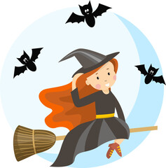 Halloween holiday. Cute little girl witch with a kitten flying on a broom.