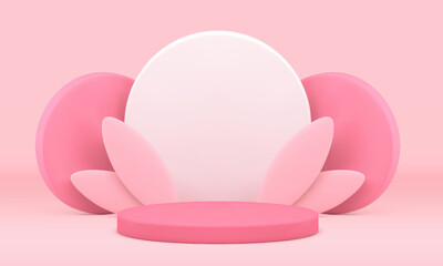 Pink 3d podium circle platform advertising space with spring decor element realistic vector