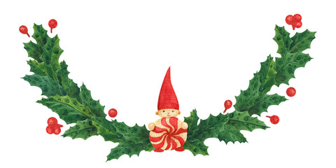Christmas holly garland with gnome, watercolor illustration