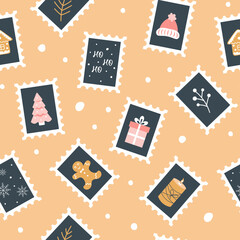 Christmas seamless pattern with postage stamps. Winter holiday symbols. Vector illustration in flat style. 