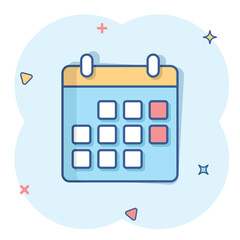 Calendar icon in comic style. Agenda cartoon vector illustration on white isolated background. Schedule planner splash effect business concept.