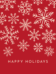 Modern Happy Holidays Design with Variant Snowflakes on Red Background