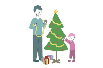 クリスマスツリーの飾り付けをする親子　イラスト