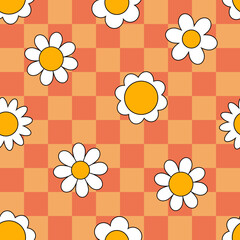 Seamless pattern with groovy daisy. Vector background in trendy psychedelic cartoon style. Stay groovy. Good vibes.