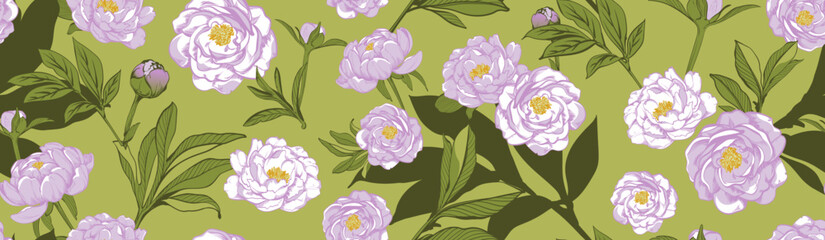 cute floral rapport seamless pattern.Delicate lilac flowers and leaves on a green background.Botanical graphics made by hand for textile,wallpaper,paper,advertising,creativity.