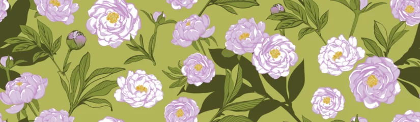 Fototapeten cute floral rapport seamless pattern.Delicate lilac flowers and leaves on a green background.Botanical graphics made by hand for textile,wallpaper,paper,advertising,creativity. © Gureva Natalia