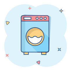 Washing machine icon in comic style. Washer cartoon vector illustration on white isolated background. Laundry splash effect business concept.