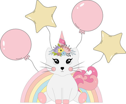 Unicorn cat with balloons.