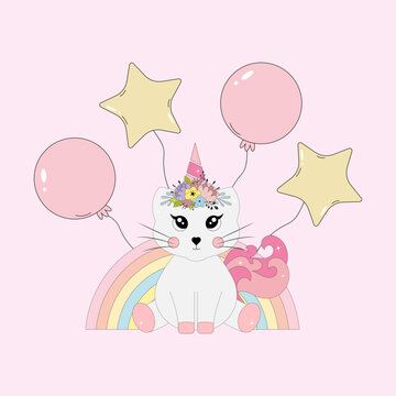 The unicorn cat is sitting on a background of rainbows and balloons.