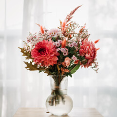 Ansicht Brautstrauß, Blumenstrauß in Vase, vor hellem Hintergrund mit Platz für Text und copy space.