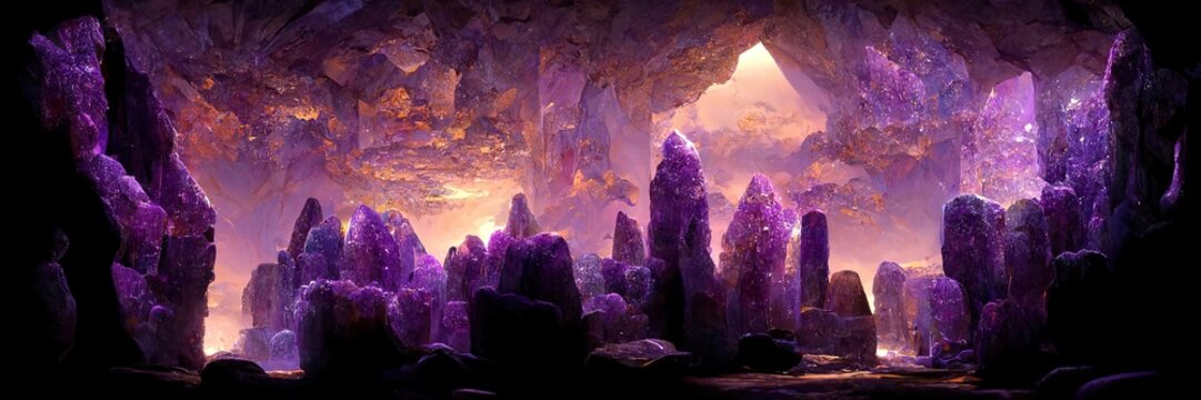 Fantasy Amethyst cave, crystal, quartz, nature, old geology. Amethyst cavern. 3D Digital. Generative AI