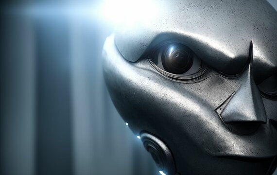 Face Closeup Of Armored Gray Alien With Metal Suit Face Mask