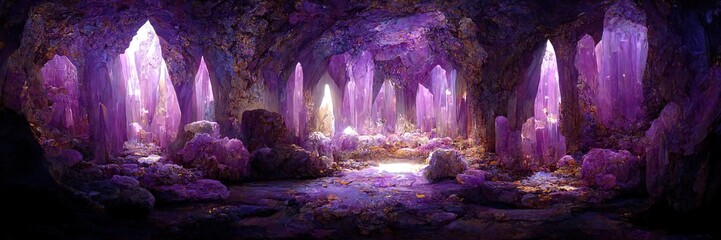 Fantasy Amethyst cave, crystal, quartz, nature, old geology. Amethyst cavern. 3D Digital. Generative AI - obrazy, fototapety, plakaty