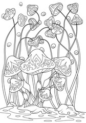 Fairy mushrooms in the rain. Children's coloring book vector illustration