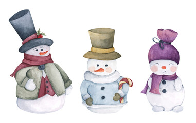 Set of character snowmans. Isolated on white background. Watercolor illustration. New year decoration, Merry Christmas element.