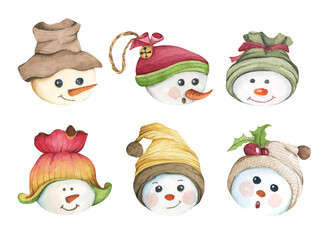 Set of character snowmans. Isolated on white background. Watercolor illustration. New year decoration, Merry Christmas element.