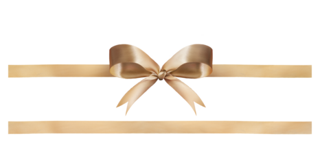 A gold ribbon and bow Christmas, birthday and valentines day gift and present decoration set isolated against a transparent background