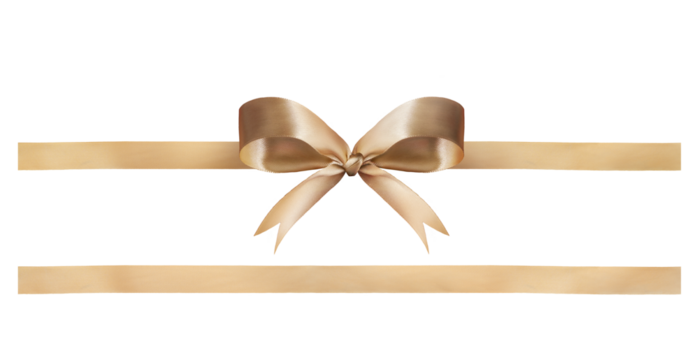 A gold ribbon and bow Christmas, birthday and valentines day gift and present decoration set isolated against a transparent background