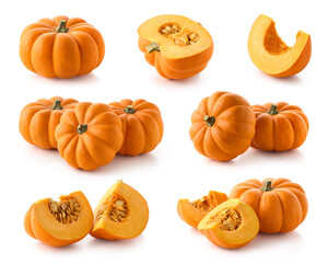 Set of fresh whole and sliced pumpkins
