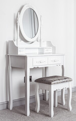 Pure white vanity makeup desk furniture with its velvet stool chair and mirror