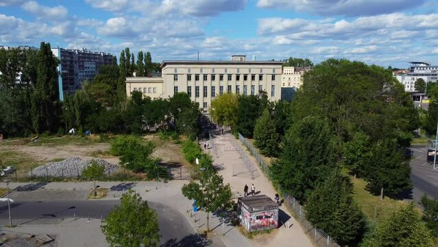 Industrial hall post-war as a party location. Tranquil aerial view flight berlin