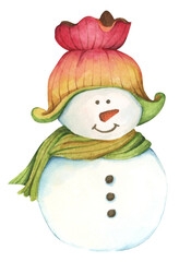 Snowman. Watercolor illustration. New year decoration, Merry Christmas element.