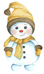 Snowman. Watercolor illustration. New year decoration, Merry Christmas element.