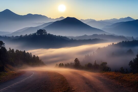 Foggy autumn mountain road in sunset or sunrise