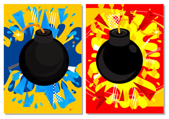 Bomb poster. Banner template for Explosive event. Design with dynamic shapes. Social media post for invitation, awards or covers.