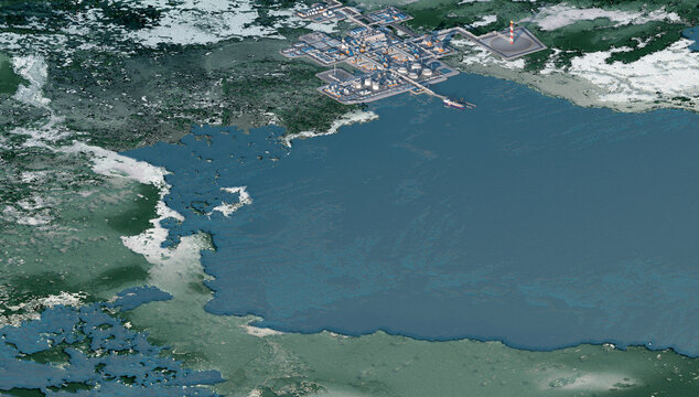LNG plant with berth, gas carrier on a fictional location map. 3d-rendering
