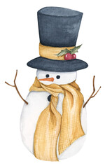 Snowman. Watercolor illustration. New year decoration, Merry Christmas element.