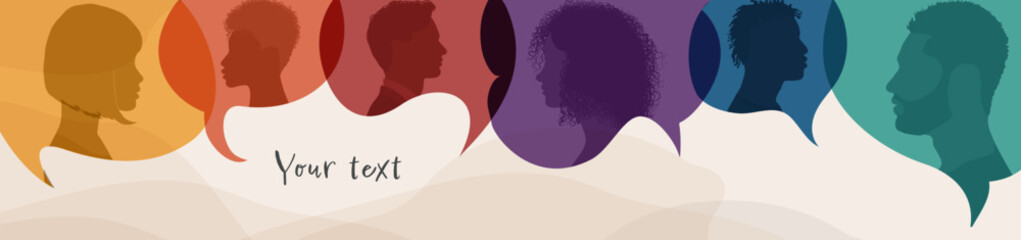 Poster template Silhouette heads men and women in profile inside speech bubble.Talking dialogue and inform.Communicate between a group of multicultural people.Diversity people.Copy space
