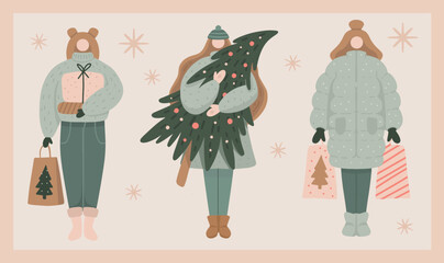 Set of Characters who buy gifts at Christmas sale. Shopping on winter holidays concept